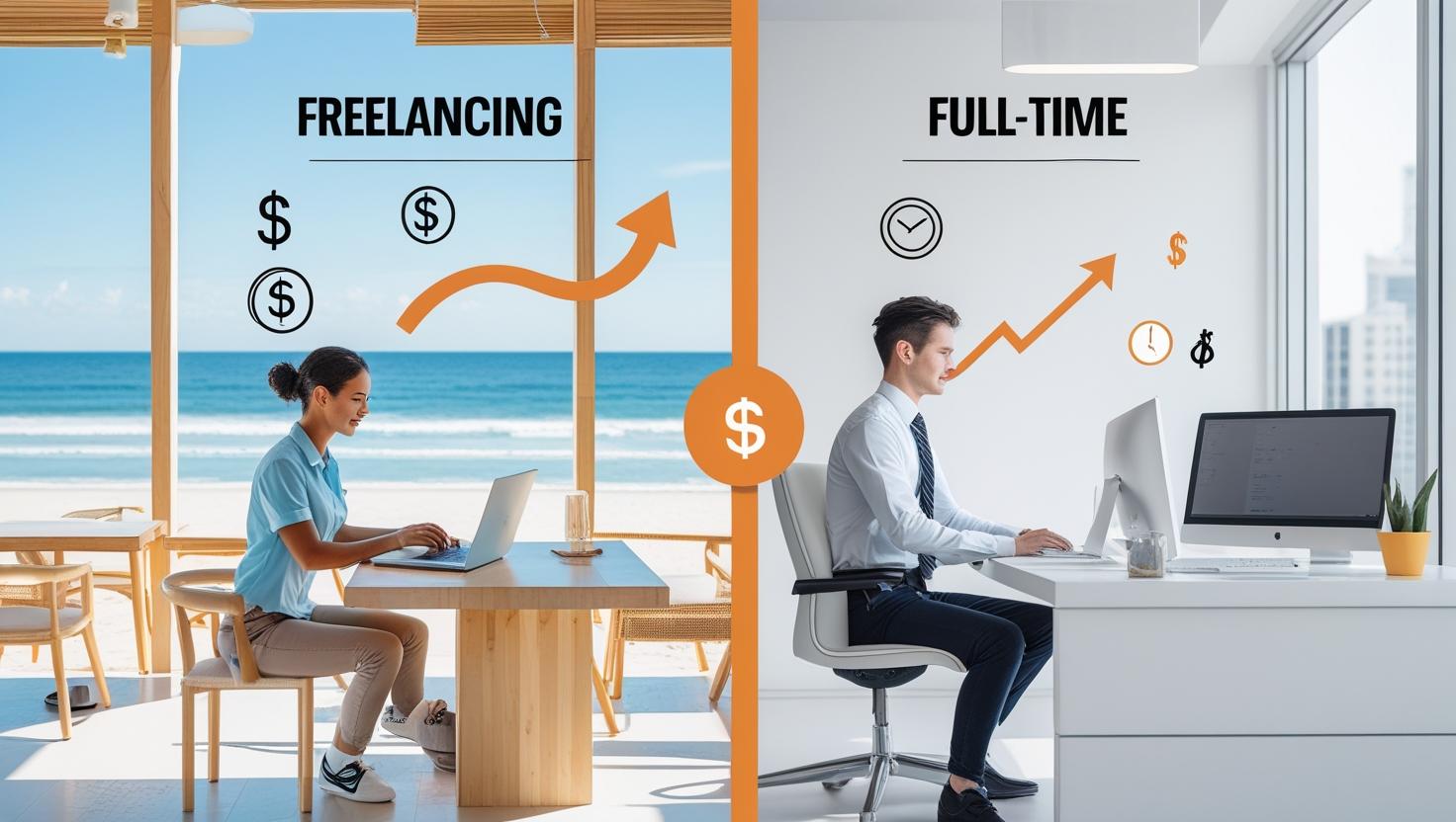 _Split-screen concept_ On the left side, a freelancer working on a laptop from a beachside cafe; on the right side, a full-time employee working in a corporate office with ID badge and desktop setup_265.jpg _Split-screen concept_ On the left side, a freelancer working on a laptop from a beachside cafe; on the right side, a full-time employee working in a corporate office with ID badge and desktop setup_265.jpg